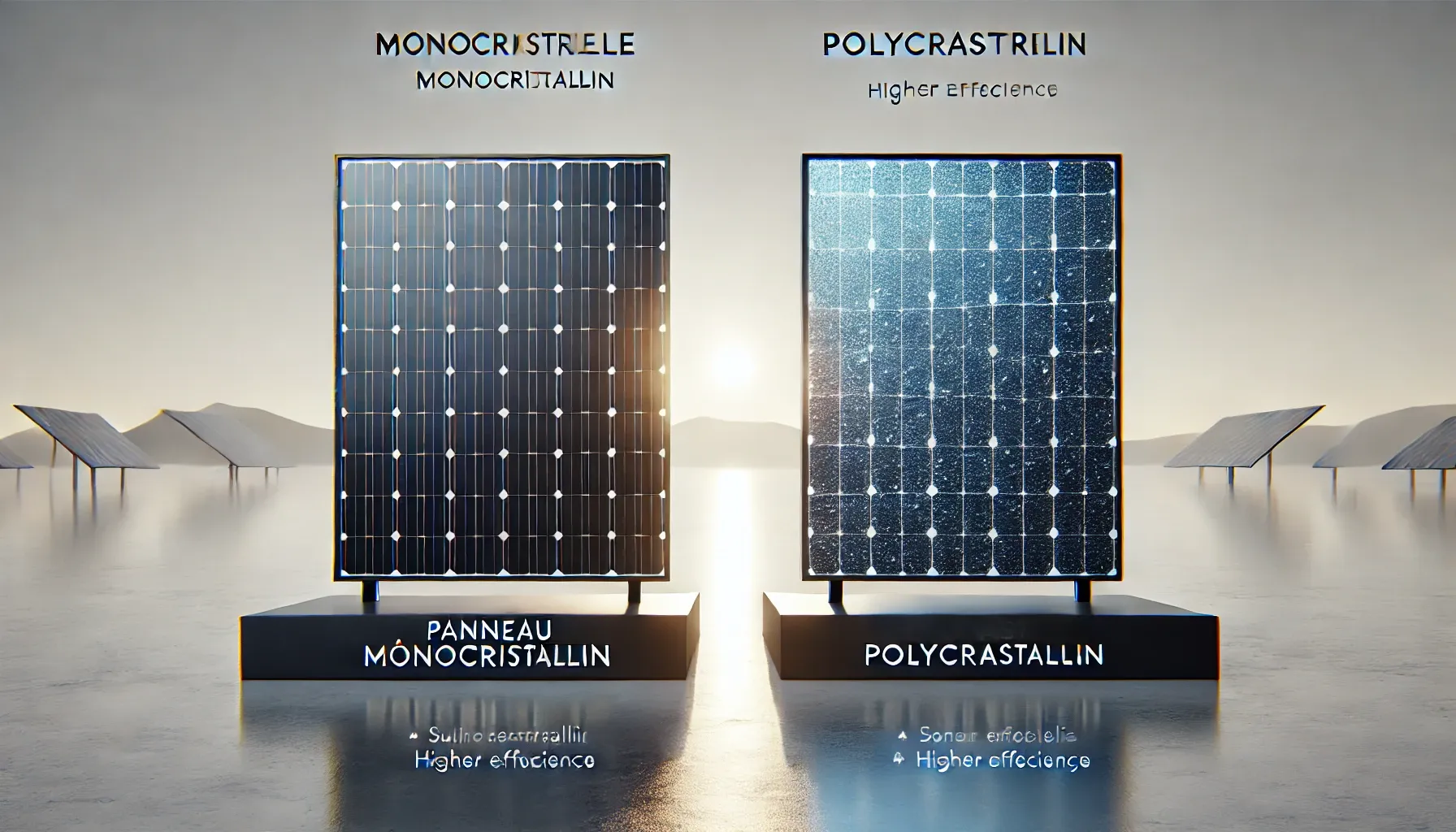 Monocristallin ou polycristallin : illustration comparant un panneau sombre et un panneau bleu.