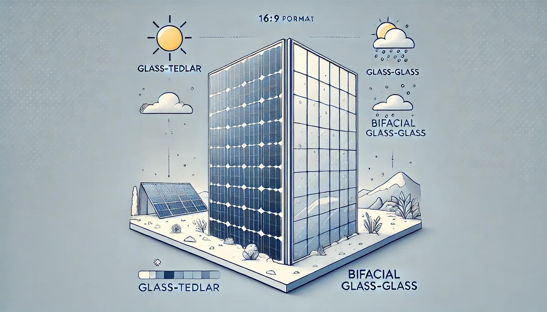 Illustration comparant un panneau bi-verre à un panneau verre-Tedlar, avec éclairage des deux faces représenté.