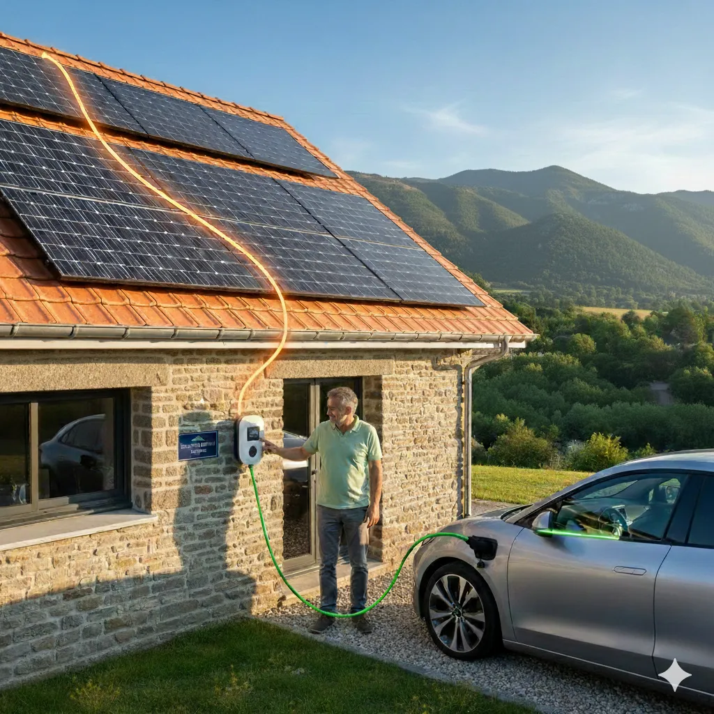 Illustration de l’autoconsommation photovoltaïque : panneaux sur une maison et voiture branchée à une borne.